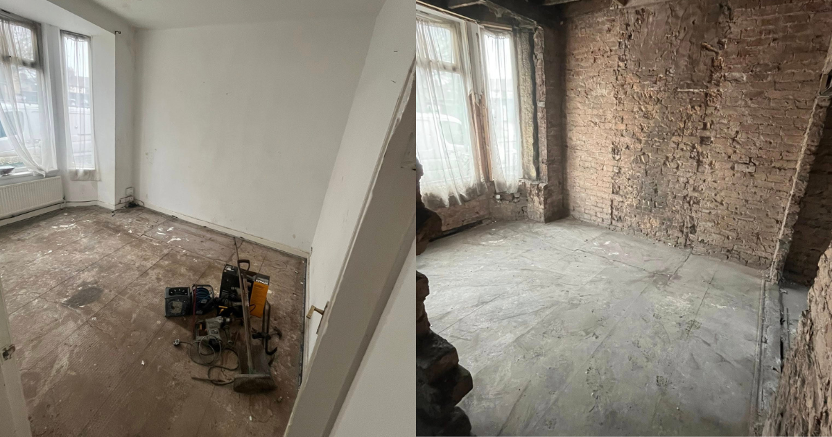 A before and after photo of a room that has been taken back to brick