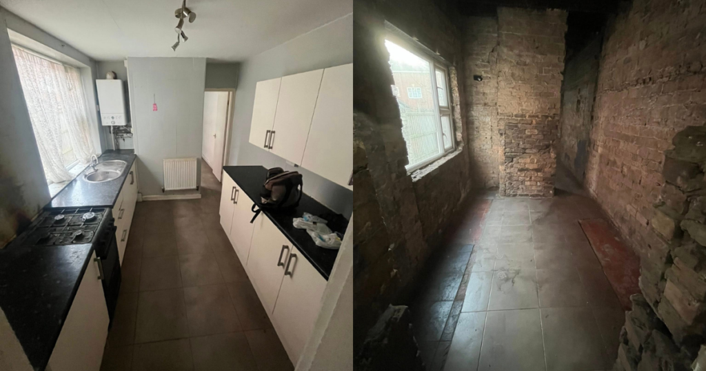 A before/after piture showing a kitchen removal