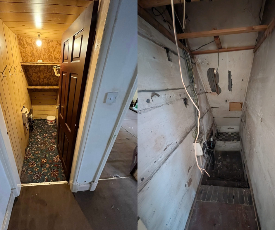A before and after picture showing the removal of wooden wall paneling