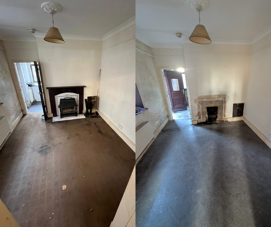 A before and after picture showing a fireplace removal