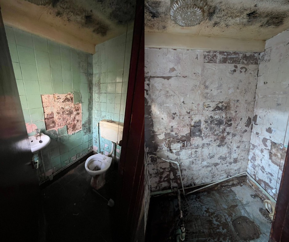A before and after picture showing a toilet removal
