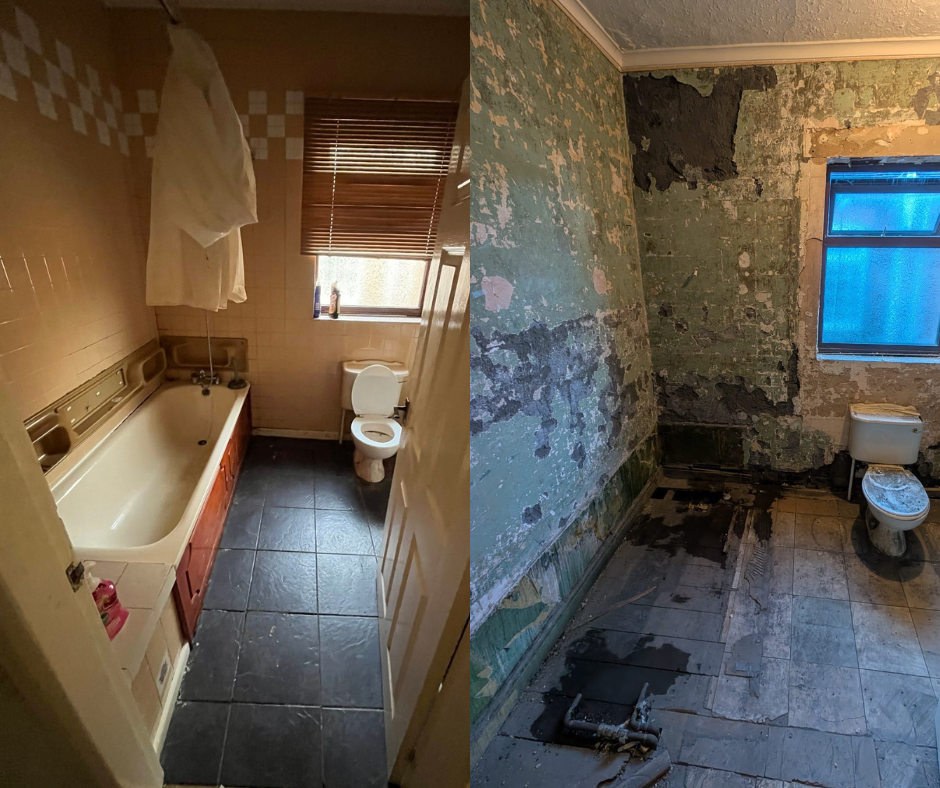 A before and after picture showing a bathroom removal