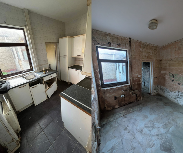 A before and after picture showing a kitchen removal