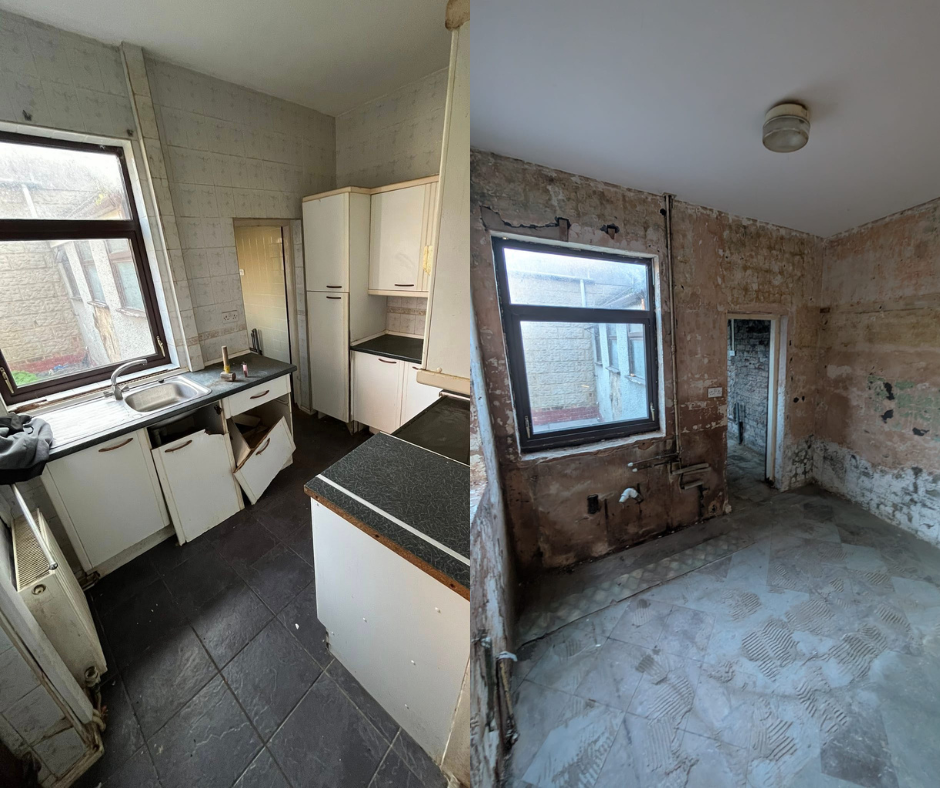 A before and after picture showing a kitchen removal